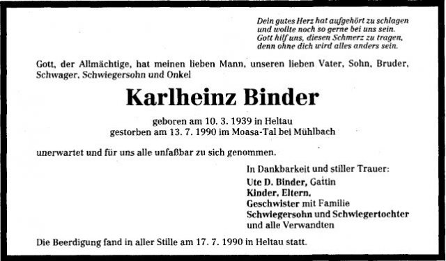 Binder Karlheinz 1939-1990 Todesanzeige